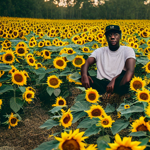 prompthunt: A photo of Tyler the Creator sitting in the middle of a garden,  8K concept art, dreamy, garden, bushes, flowers, golden hour, vintage  camera, detailed, UHD realistic faces, award winning photography