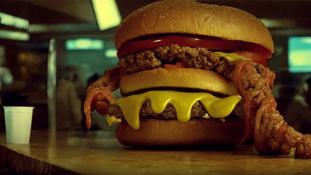 prompthunt: the garbly cheeseburger creature at the fast food place, film  still from the movie directed by denis villeneuve and david cronenberg with  art direction by salvador dali and zdzisław beksinski, wide