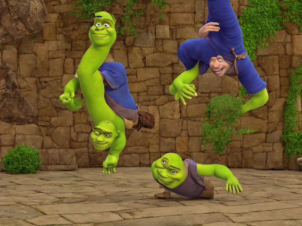 prompthunt: shrek breakdancing while lord farquaad is in the back being  impressed, High Definition detail, 8K, photography