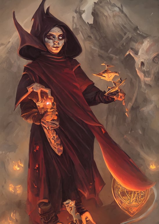 a female dnd wizard's portrait by brian patterson and rhads, black, african, red robes, necromancer, bones, skulls, papers and tomes