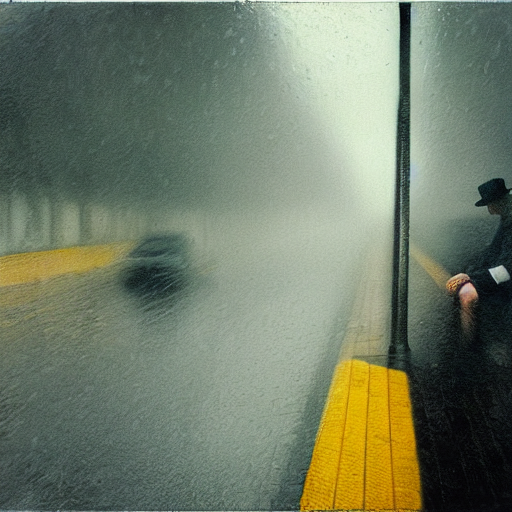 prompthunt: “Saul Leiter style photograph of a man taking shelter in a  rainstorm under a bridge, extremely detailed, hyper realistic, melancholy,  by Saul Leiter”
