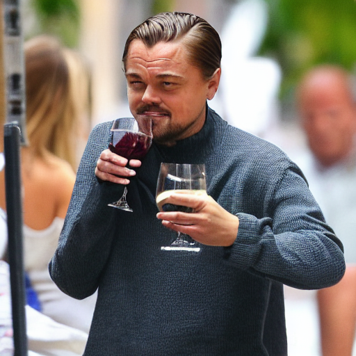 prompthunt: Leonardo DiCaprio drinking wine and reading the news photo