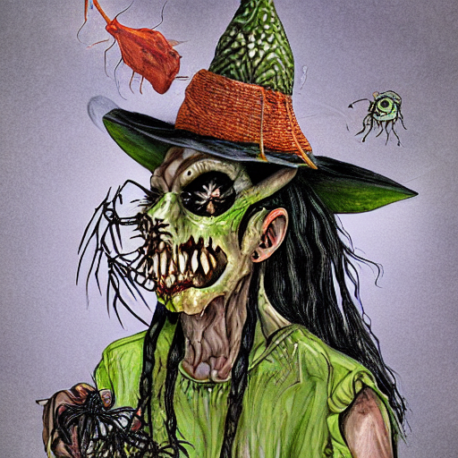 prompthunt: zombie witch doctor, toad sweat, puffer fish, datura plant,  bone powder, scorpion, black widow spider, by Margaret Brundage.  k_euler_ancestral