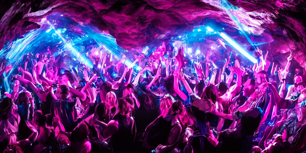 prompthunt: cinematic shot of a goth disco nightclub in a cave, sphere of  knives made of pink lasers and blue crystals, people dancing, 8k photo,  award winning, masterpiece