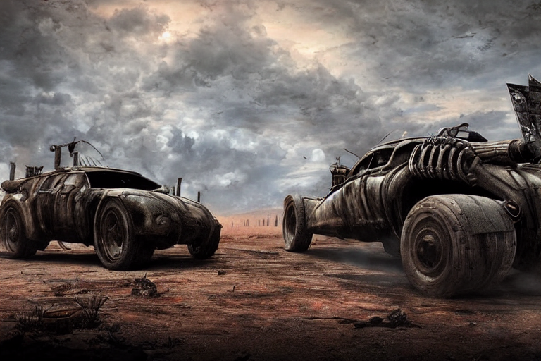 prompthunt: ultra realist 3d soft paint of a single gothic four wheel  vehicle fully armored, Mad Max and Fallout, symmetry accurate features,  very intricate details, ominous sky, volumetric light clouds, post  apocalyptic