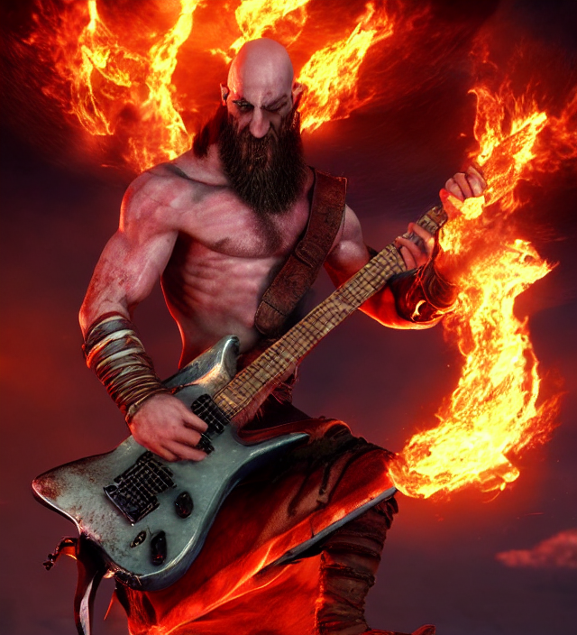 prompthunt: kratos shredding on a flaming stratocaster guitar