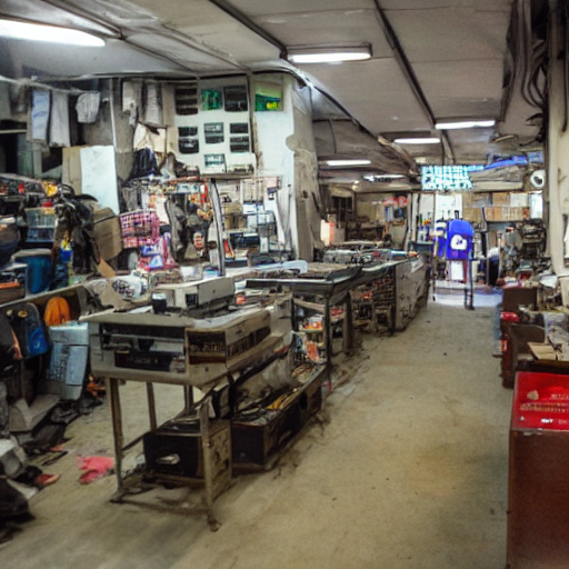 prompthunt Video cassette player repair shop, with racks of equipment