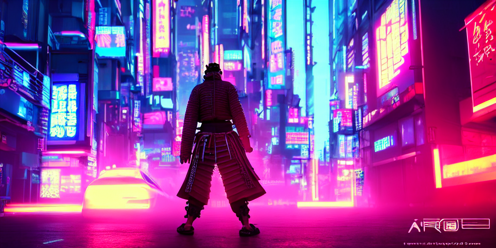 Samurai overlooking a neon-lit cyberpunk city