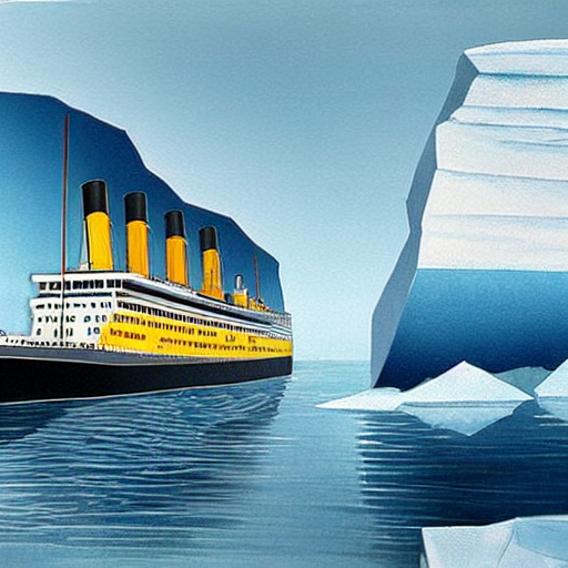 prompthunt: titanic approaching an iceberg, concept art, illustration,  highly detailed, high quality, bright colors, optimistic,