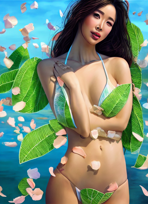 prompthunt: gorgeous female in bikini, body shot, covered in translucent  leaf and petals in the style of stefan kostic, cute - fine - face, li  bingbing, backlit, refracted lighting, elegant, half body