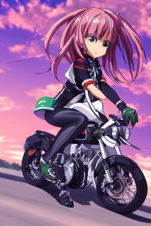  prompthunt anime girl montando motocicleta sola, alto detalle, muy precisa, k