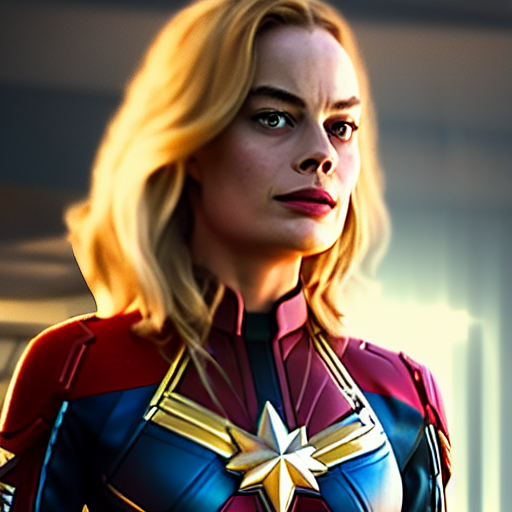 Margot Robbie as real-life Captain Marvel, cinematic, Wide-shot, atmospheric lighting, directed by Quentin Tarantino, extreme detail, 8K, movie still
