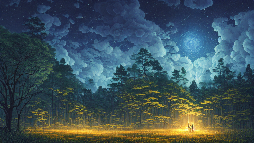 Light and forest - night , anime background , illustration