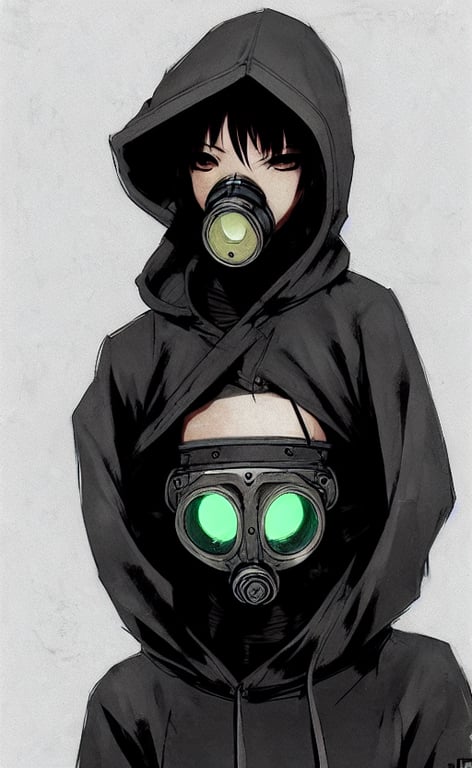 prompthunt: cyberpunk anime girl in hoodie, cyberpunk gas mask, potrait,  street night, grafity, beautiful face, grafity, arcane, action, tokyo  street, detail, good face, pose model, concept art, in style of yoji  shinkawa,