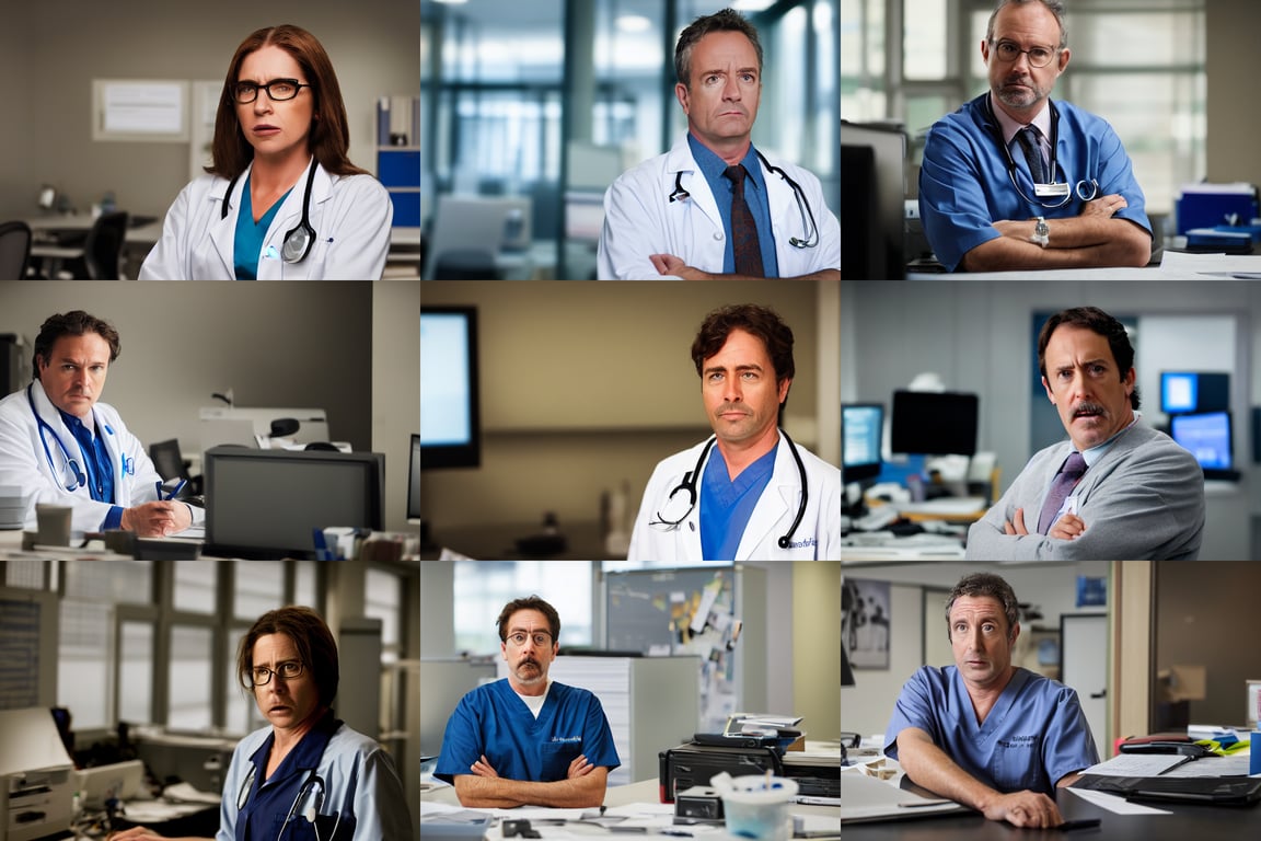 prompthunt Dr Cox from Scrubs looking angry and working in an office