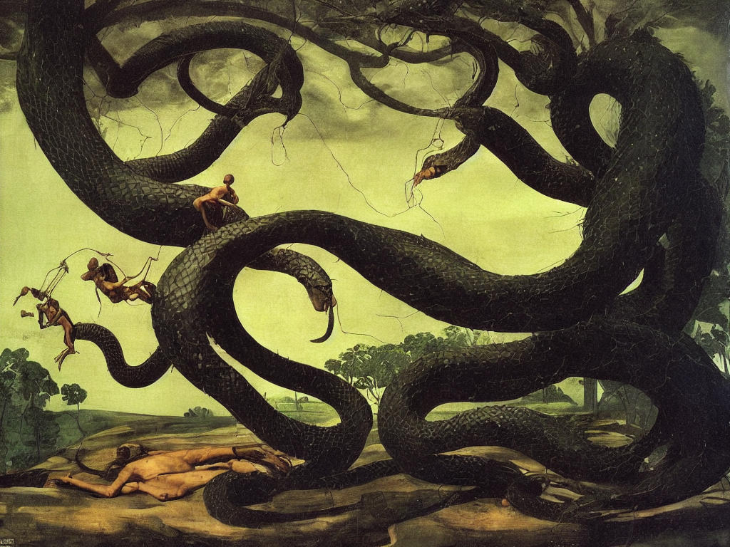 prompthunt: Strange man fighting a giant snake. The tree-like animals of  Andromeda. Surreal, melancholic, serene, torrential rain. Painting by  Caravaggio, Caspar David Friedrich, Roger Dean