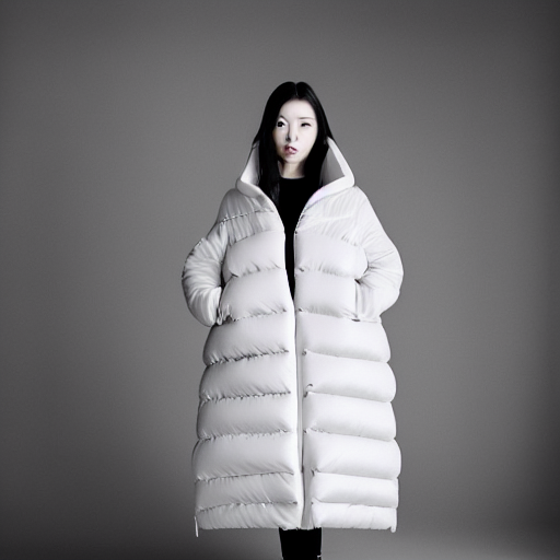 prompthunt: extremely beautiful photograph of a young pretty korean woman  wearing huge oversized very baggy large puffer jacket in the style of  vetements, well lit, studio lighting, glossy, vogue, very realistic and