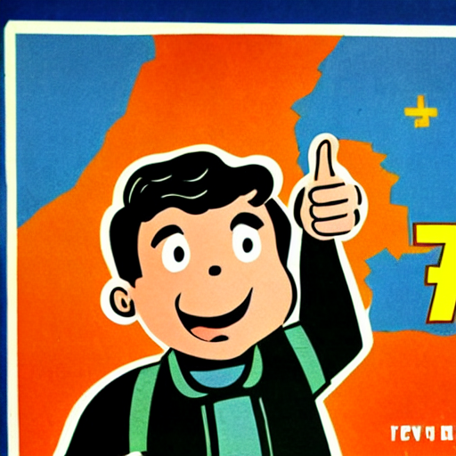 fallout 4 vault boy thumbs up, nuclear war cartoon, soviet era propaganda poster, illustration