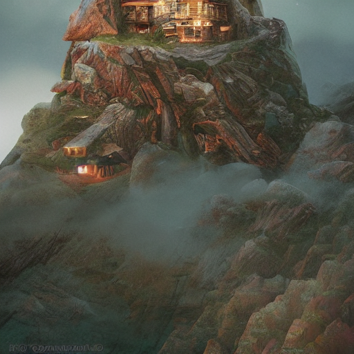 prompthunt: a cozy cabin carved into the mountain, view of the ocean, fog,  colorful, dramatic lighting, artstation, matte painting, raphael lacoste,  simon stalenhag, frank lloyd wright, zaha hadid, drone view