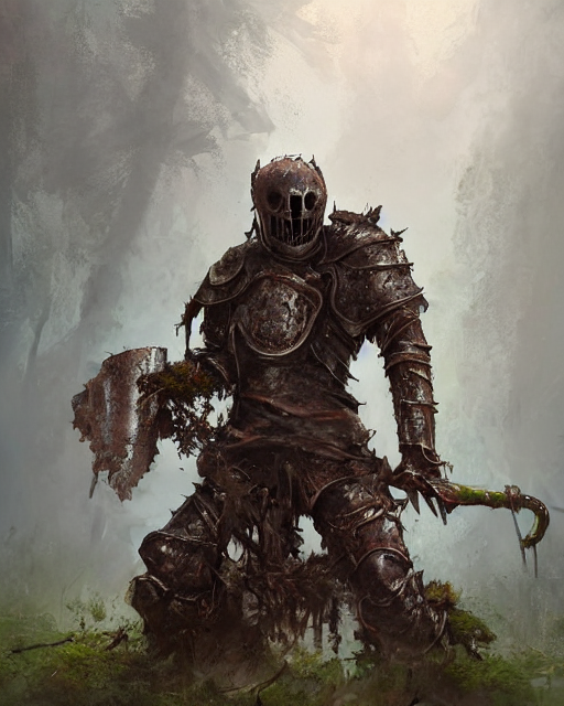 prompthunt An undead medieval knight wearing rusted armor covered in