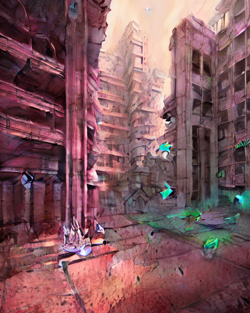 hyperrealistic 3d render high quality baroque mecha iridescent pink brutalist city ruins background concept art vray! santiago caruso de chirico sharp very dramatic green light 8k low angle shallow depth of field