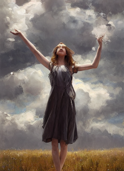 prompthunt: portrait of girl dressed in white clothes , fantasy character  portrait, decollete, lying dynamic pose, above view, sunny day, thunder  clouds in the sky, artwork by Jeremy Lipkin and Giuseppe Dangelico