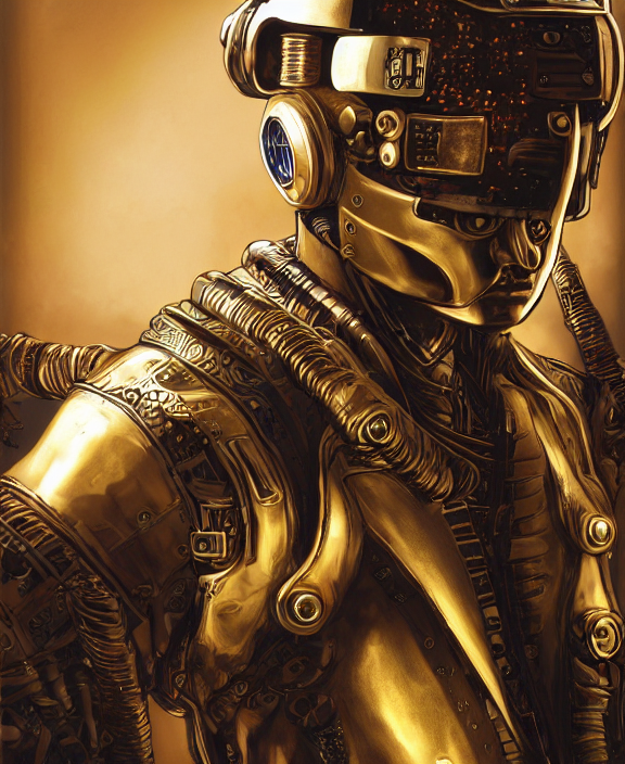 prompthunt: a portrait of a cyberpunk warrior with golden steampunk armour  and a futuristic helmet with a cybernetic visor by Moebius, 4k resolution,  photorealistic