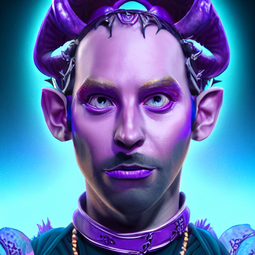 an oil art close up portrait of young tiefling mage with purple magic in style of disco elysium character, bard jester character design from critical role, 4 k, ultra detail, volumetric lighting, unreal engine, octane render