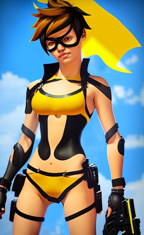 prompthunt: tracer game character, in yellow bikini, blonde hair