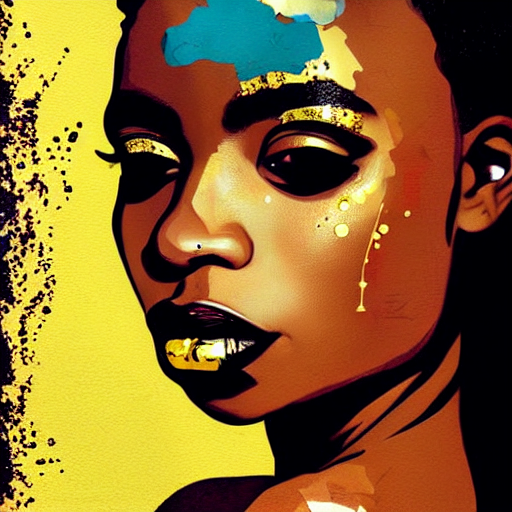 portrait of a black woman :: side profile :: in ocean :: clockwork details :: gold :: blood and horror :: by vikings and Sandra Chevrier