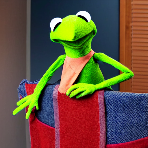 kermit meme kermit the frog puppet hanging by his arm from a ceiling fan, highly detailed, photo realism, textured puppet, dslr