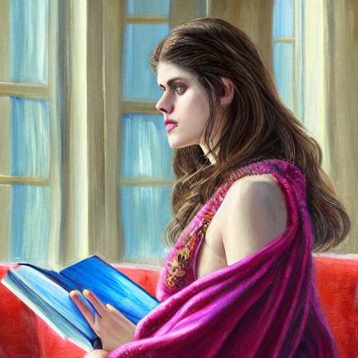 a painting of Alexandra Daddario wearing wizard robes and sitting on a sofa in a comfortable cozy library, ultrawide lens, 4k oil on linen, vivid colors, colorful, photorealistic, high dynamic range, HDR, intricate, elegant, highly detailed, digital painting, artstation, concept art, smooth, sharp focus, illustration, art by artgerm and greg rutkowski and alphonse mucha and andrei riabovitchev, nuri iyem, james gurney, james jean, greg rutkowski