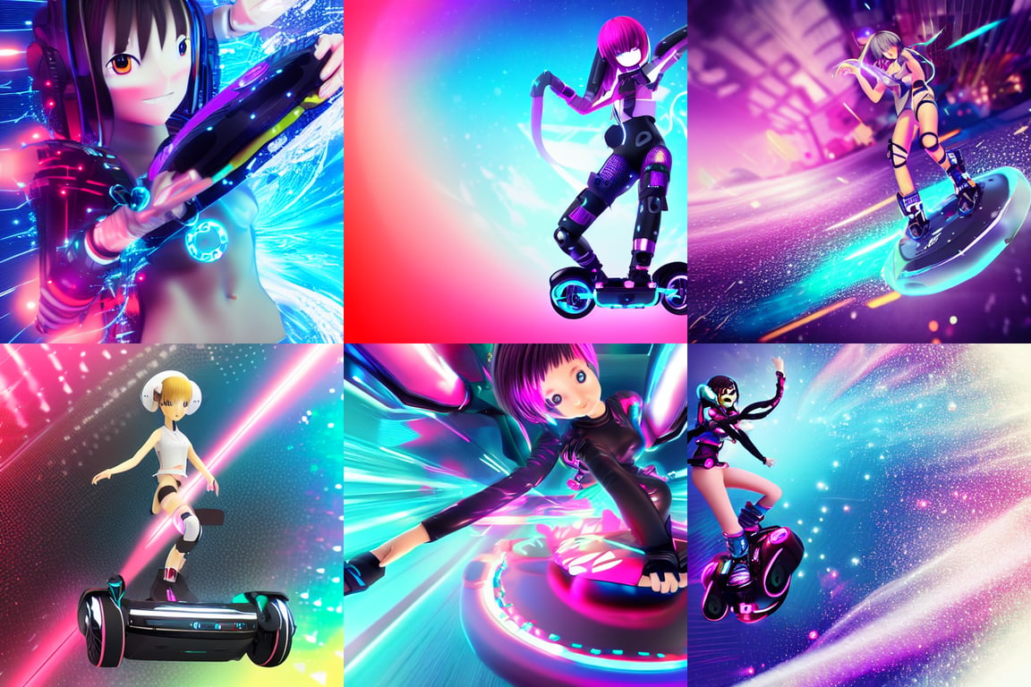 anime cyber girl riding a wave of bits on a hoverboard octane render
