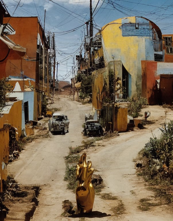 prompthunt: vintage color photo of a massive liquid gold sculpture in a  south american rural town alley with dirt roads and white walls, still from  a werner herzog documentary
