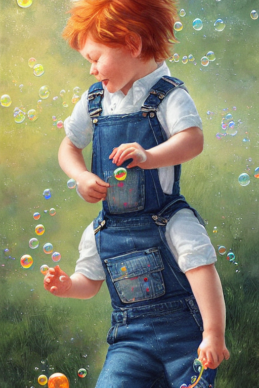 prompthunt: a little boy with ginger hair wearing denim overalls chasing  bubbles. clean elegant painting, beautiful detailed face, lots of bubbles.  by artgerm and greg rutkowski