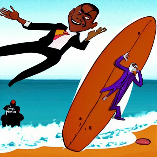 prompthunt: surfing barack obama as mr. bean as the joker from batman,  surfing still from batman vs bean at the beach