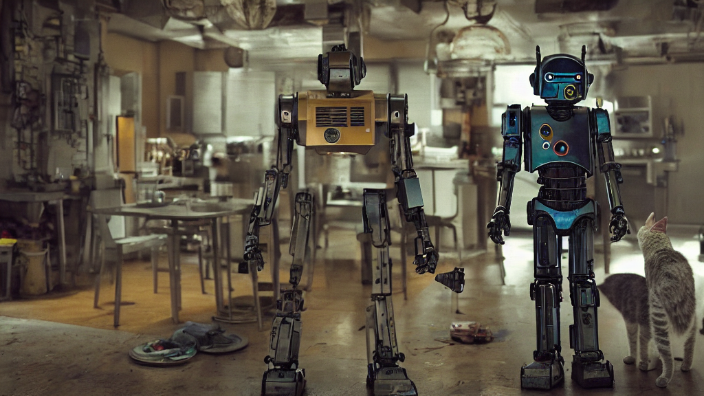 prompthunt: film still from the movie chappie of the robot chappie shiny  metal indoor cottage kitchen whimsy scene bokeh depth of field several  figures furry anthro anthropomorphic stylized cat ears head android