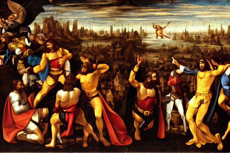 prompthunt: jesus fighting batman renaissance oil painting by da vinci