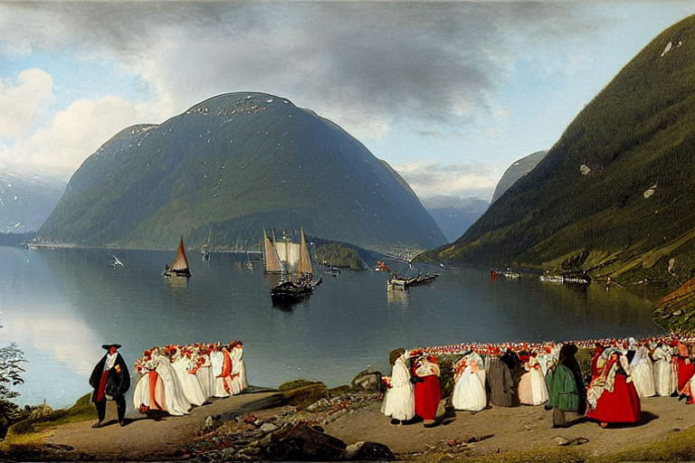 the bridal procession on the hardangerfjord by hans gude, adolph tidemand