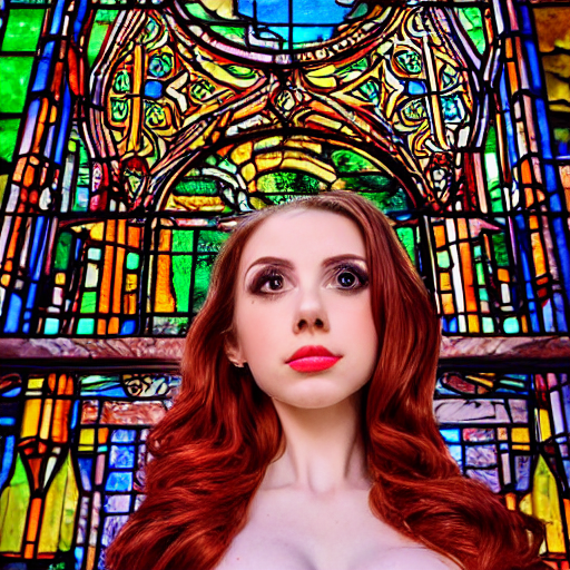 kaitlyn michelle siragusa, better known as amouranth, posing in a mysterious temple. ancient stainedglass windows. sharp focus ; highly detailed. hd