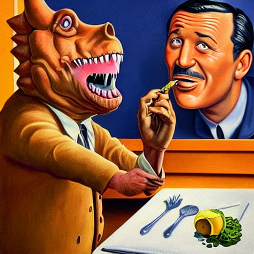 beautiful lifelike painting of gene kelly demanding a refund on overcooked dinosaur steak in downtown dive bar bistro, hyperreal detailed facial features and uv lighting, art by ed roth and basil wolverton