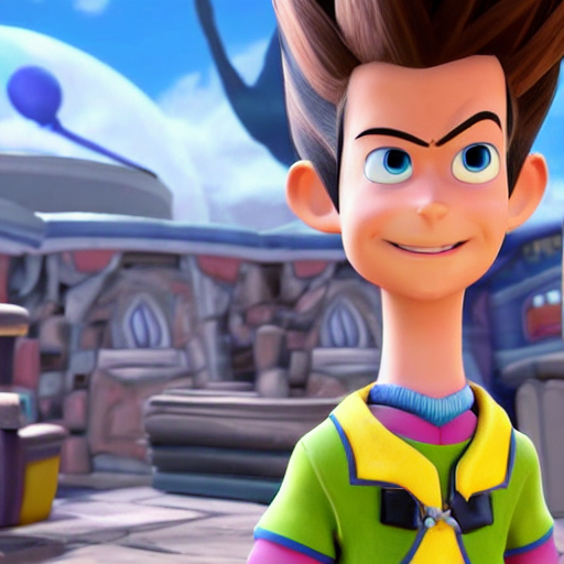 Jimmy Neutron from Nickelodeon as an NPC character in the video game Kingdom Hearts, Jimmy neutron Boy Genius, Sora is in the camera, Crossover with Nick and Square Enix, UHD 4k, RTX On, Arnold Render, Unreal Engine 4, Award winning visuals, Godrays, beautiful detailed intricate insanely detailed octane render, Playstation 5 graphics