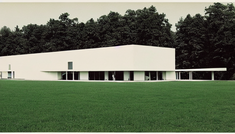 prompthunt: a large white building sitting on top of a lush green field, an  art deco sculpture by Bauhaus, cg society, bauhaus, panorama, art deco,  1970s