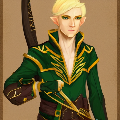 Portrait of a handsome blonde elven ranger in green and gold jacket with a crossbow. In style of Hyung-tae Kim, concept art, trending on ArtStation, Korean MMORPG.