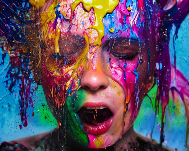 prompthunt: still shot close up footage of the portrait of a female head  exploding and disintegrating into acrylic pour and splashing paint and  dripping paint, painful emotions, motion blur, hyperrealistic, medical,  intricate