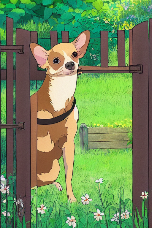 prompthunt A black and tan chihuahua looks through her garden