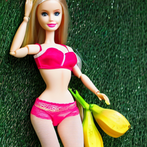 prompthunt: barbie doll in panties and bra, lace, full length, fishnet  tights, several dolls in one photo, banana color, 4 k
