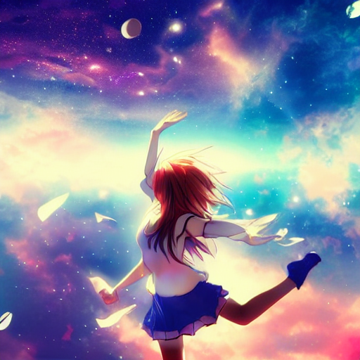 an anime girl flying through the sky on a magical, Stable Diffusion
