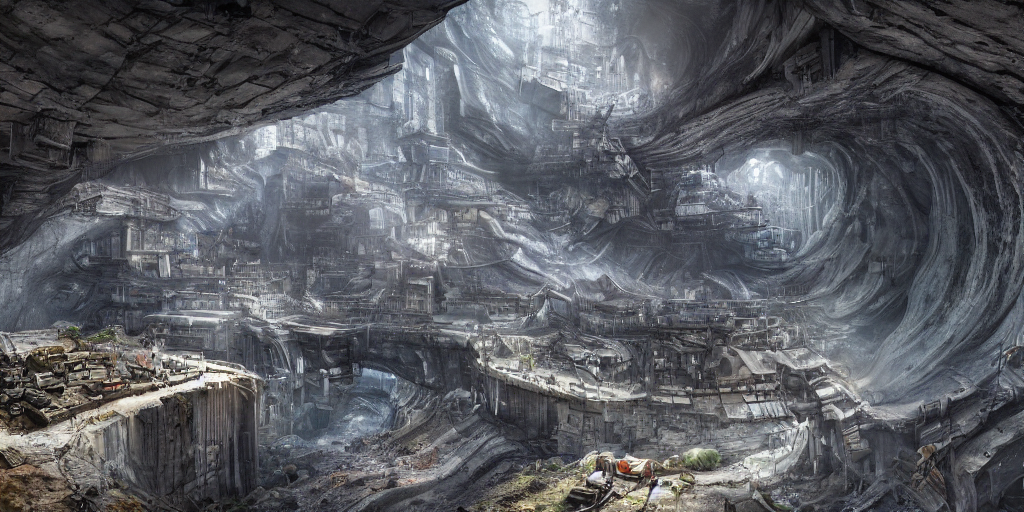 an underground machine city built in a perfectly round bottomless chasm, houses are built into the sidewalls, long winding stairs going down, 8 k, shallow depth of field, moody lighting, ultra high detail, concept art,