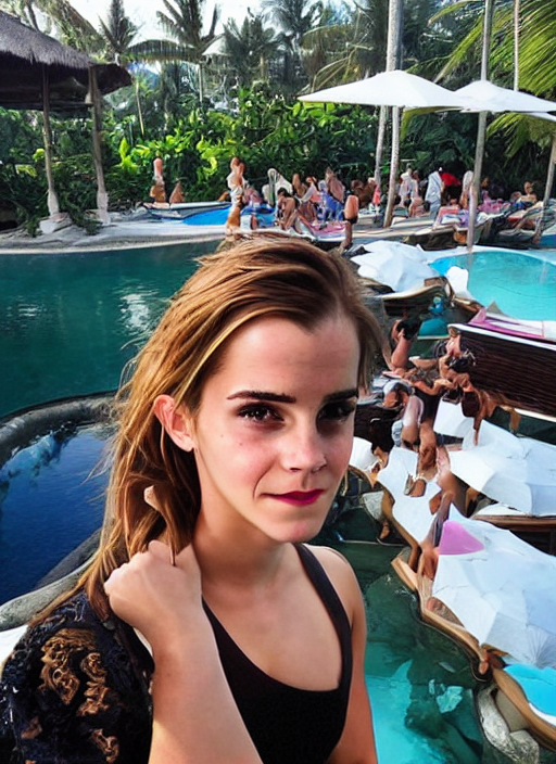 prompthunt: emma watson visiting beach club in bali. iconic beach club in  bali. front view. instagram holiday photo shoot, perfect faces